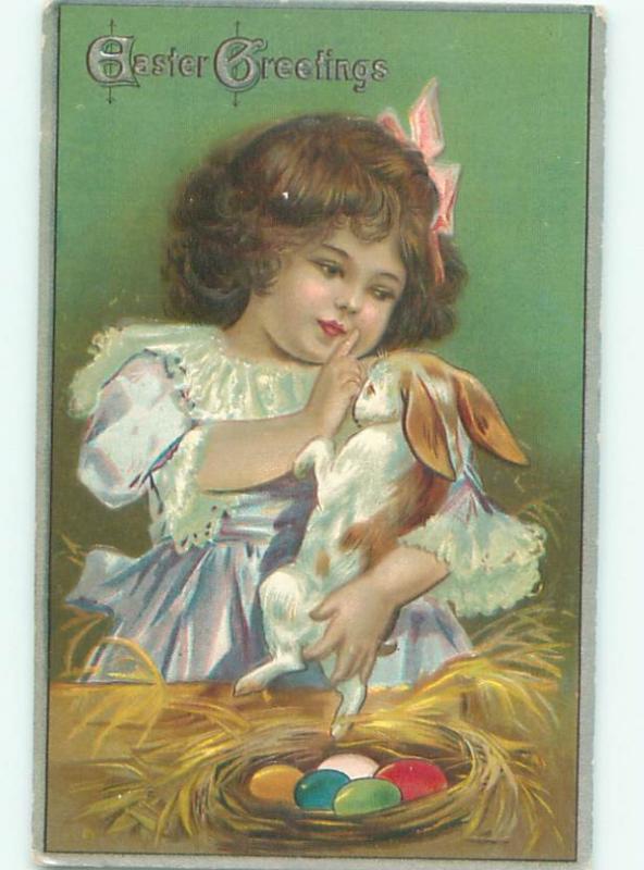 Pre-Linen Easter PRETTY GIRL HOLDING CUTE BUNNY RABBIT AB3739