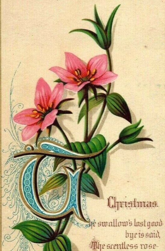 1880s Victorian Christmas Card Poem Pink Lilies Fab! #5C 