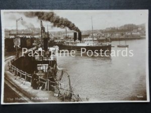 Kent FOLKESTONE The Harbour showing steam ferry leaving port c1925 RP Postcard