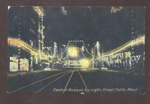 GREAT FALLS MONTANA DOWNTOWN CENTRAL AVENUE AT NIGHT VINTGE POSTCARD