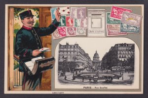 FRANCE, Postcard, Paris, Embossed Stamps & postman, Rue Soufflot