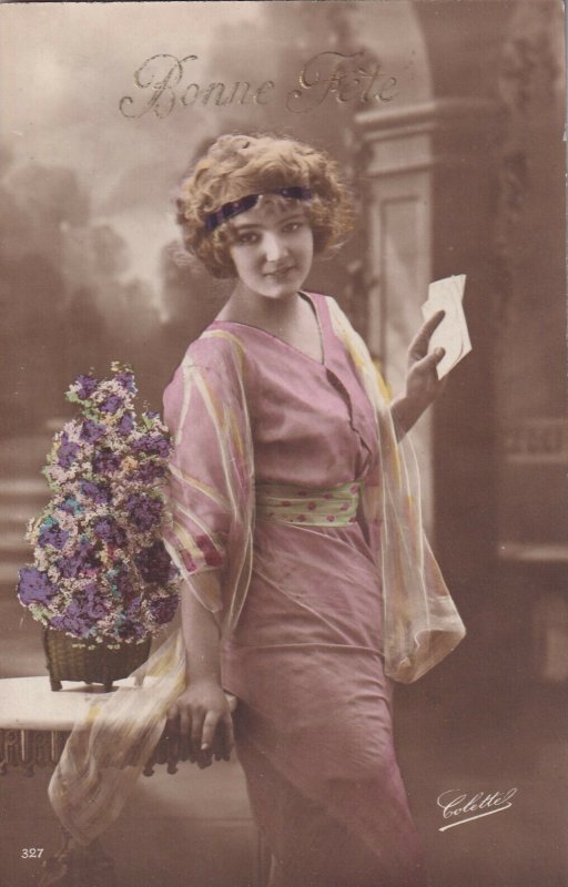 RP: BIRTHDAY, 1900-10s; Bonne Fete, Woman wearing pink dress holding envelope