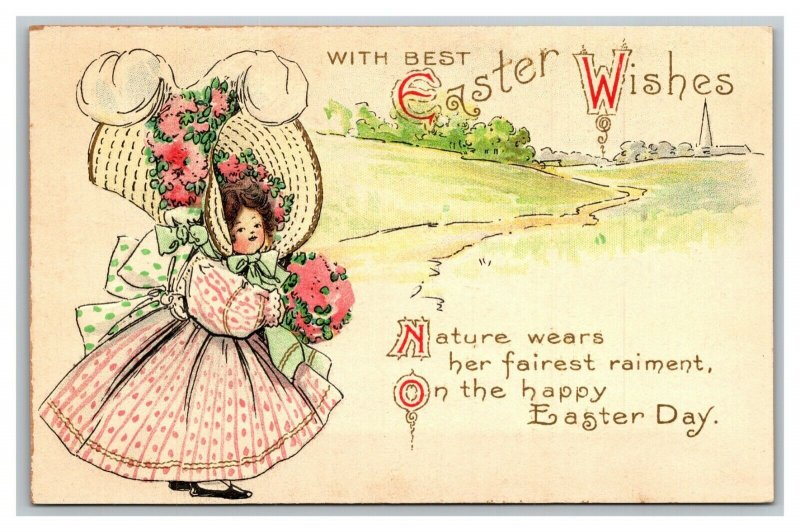 Vintage 1910's Easter Postcard Cute Girl Nice Pink Dress Flowers Huge Hat NICE