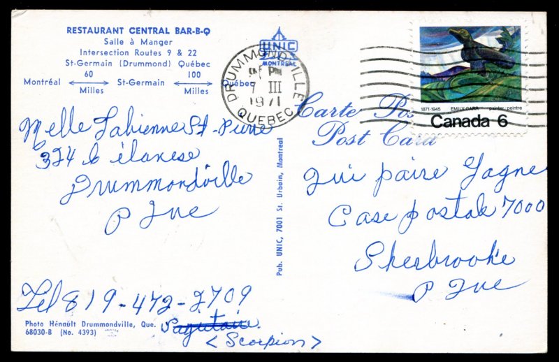 dc1442 - DRUMMONDVILLE Quebec Postcard 1971 Restaurant Central BBQ Interior