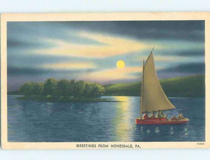 Linen SAILBOAT ON WATER Honesdale - Near Carbondale & Scranton PA AD6735