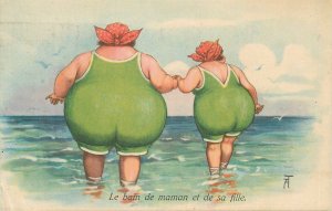 Postcard Comic mother and doughter in green swimsuits