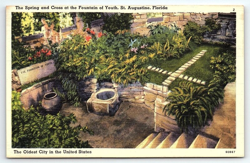 1940s ST AUGUSTINE FLORIDA THE SPRING CROSS AT FOUNTAIN OF YOUTH POSTCARD P2688