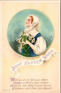 Clapsaddle Postcard Beautiful Woman Holding Bouquet of Easter Lily Flowers