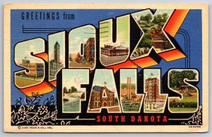 Greetings From Sioux Falls South Dakota~PM 1952~Vtg Large Letter Linen Postcard