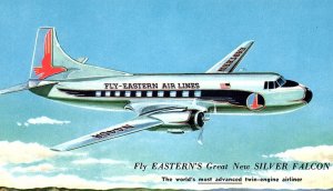 1950s EASTERN AIR LINES SILVER FALCON TWIN ENGINE IN FLIGHT POSTCARD P1433