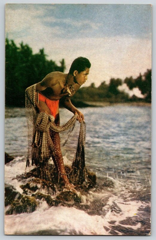 Postcard Island Boy Fishing w Net - Kona Coast, Hawaii