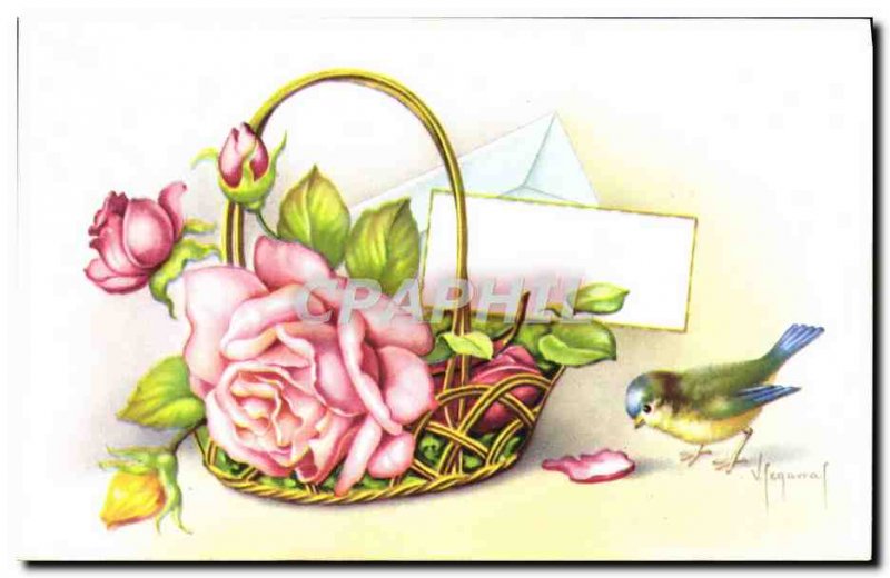 Old Postcard Fantasy Flowers bird