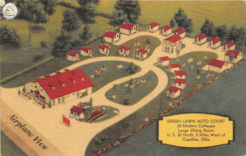 Crestline Ohio 1950s Postcard Green Lawn Auto Court Motel