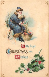 Santa Claus Blue Suited Christmas Filling Basket Embossed Postcard #11
