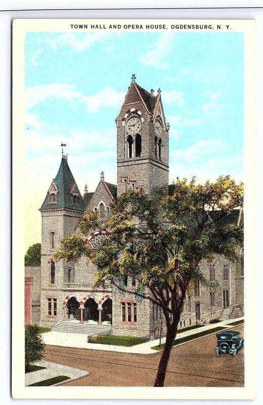 Town Hall And Opera House Street View Ogdensburg New York Historical Postcard