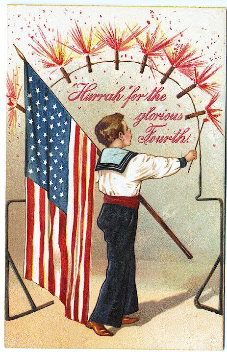 PFB 4th of July Boy Lighting Firecrackers with Sparklers 45 Star Flag Postcard