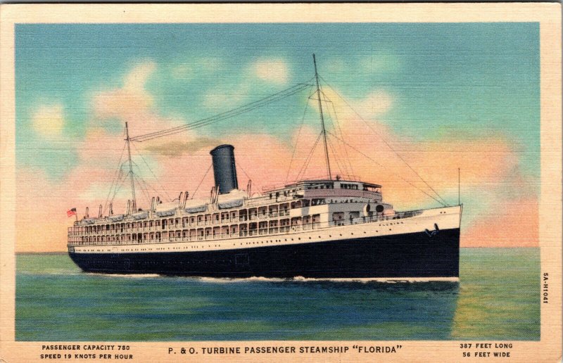 Vtg 1930s P&O Turbine Passenger Steamship SS Florida To Cuba Linen Postcard