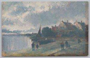 TUCK Oilette~A Thames Village~Sailboat~Oil Sketch~UK~Prof Van Hier~#7153~Vtg PC 