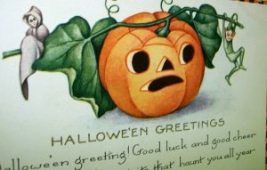 Halloween Fantasy Postcard Whitney Checker Border Ghost Gnome Pixie Original NH