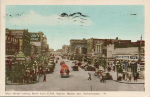 Moose Jaw SK Main Street looking North from CPR Station 1950s PECO Postcard G81