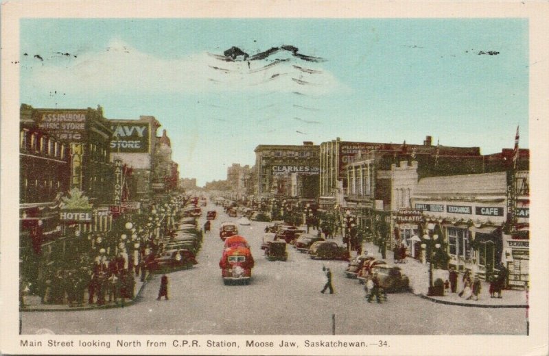 Moose Jaw SK Main Street looking North from CPR Station 1950s PECO Postcard G81