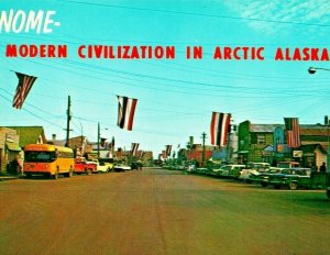 Main Street View Nome Alaska AK Cars Flags UNP 1960s Chrome Postcard C17