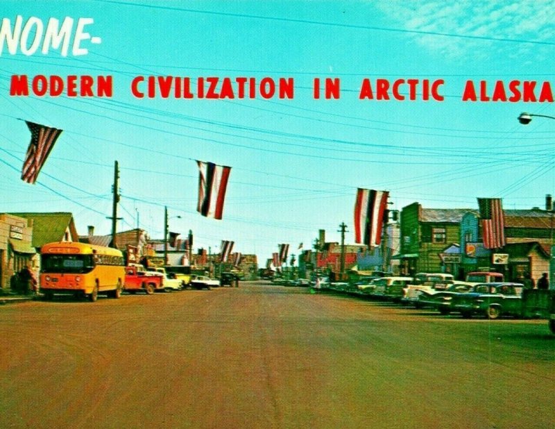 Main Street View Nome Alaska AK Cars Flags UNP 1960s Chrome Postcard C17 