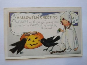 Vintage Halloween Postcard Whitney Ghost Girl Seasoning Black Crows Unused Orig