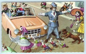 MAINZER DRESSED CATS & Kittens POLICE OFFICER Directing Traffic #4877 Postcard