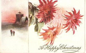 Winter scene. Flowers. Christmas Message Tuck Oilette Christmas PC # 8398