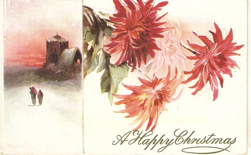 Winter scene. Flowers. Christmas Message Tuck Oilette Christmas PC # 8398