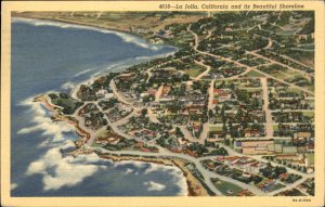 La Jolla California Aerial View Shoreline c1930-50s Vintage Postcard