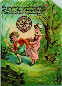 1880's Emil Seelig's Kaffee Victorian Trade Card - Picking Flowers in Garden M11