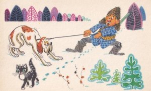 Russian Dog Chasing Cat Comic Humour Vintage Postcard