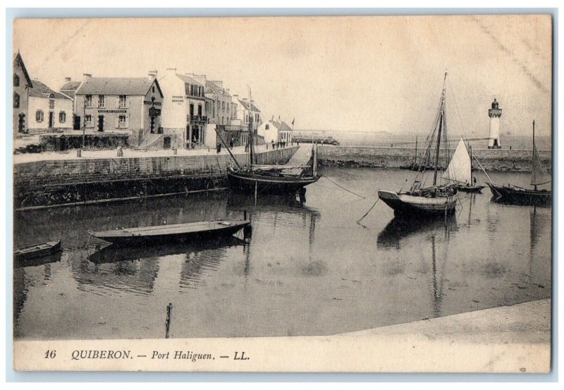 c1920's Boat Scene at Port Haliguen Quiberon France Antique Posted Postcard