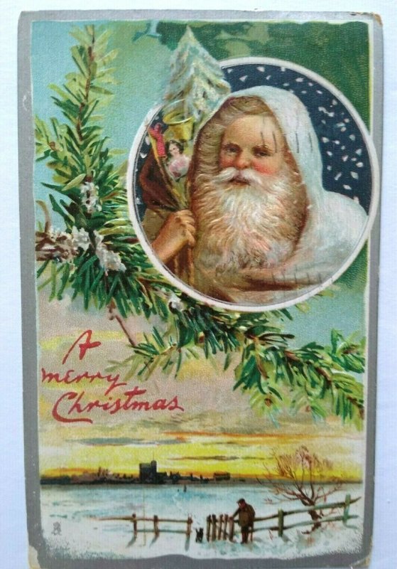 Santa White Coat Christmas Postcard Tucks Original 136 Embossed 1910 Vintage