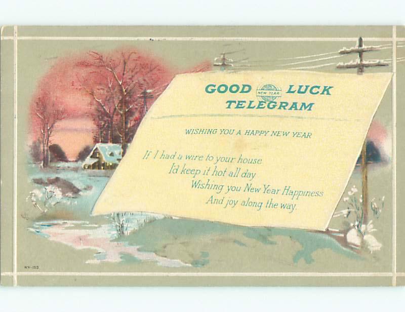 Pre-Linen new year GOOD LUCK TELEGRAM ON POSTCARD k5024