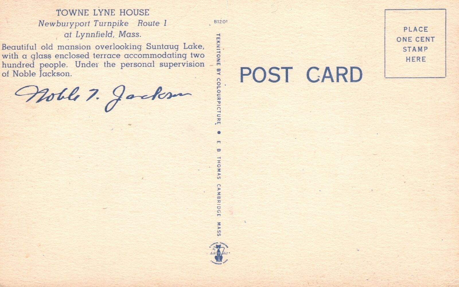 Vintage Postcard 1930's Towne Lyne House Mansion Lynnfield