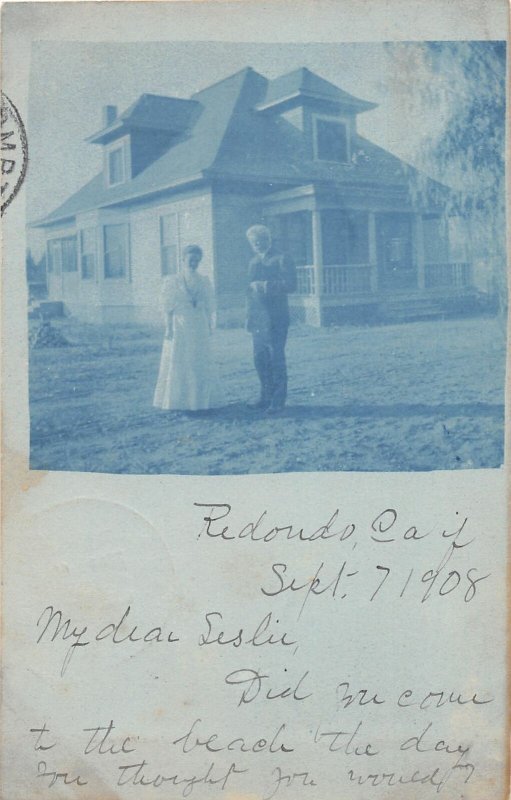 G80/ Redondo California Postcard RPPC 1908 Home Residence Blue Tint