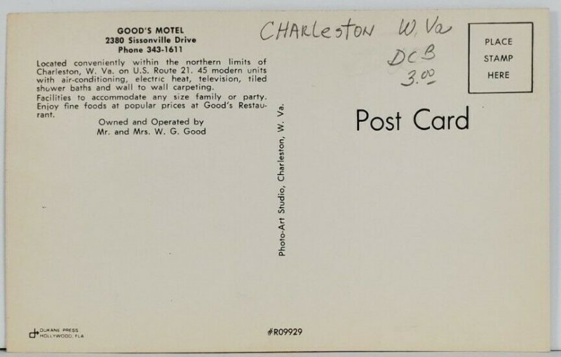 WV Charleston GOOD'S MOTEL Postcard Q13