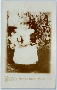 1908 Xmas England Adorable RPPC Little Girl w/ Flower Merry Christmas Photo A214