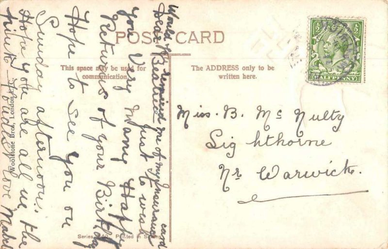 Birthday Greetings Purple Flowers Dove Swakstika Vintage Postcard AA852