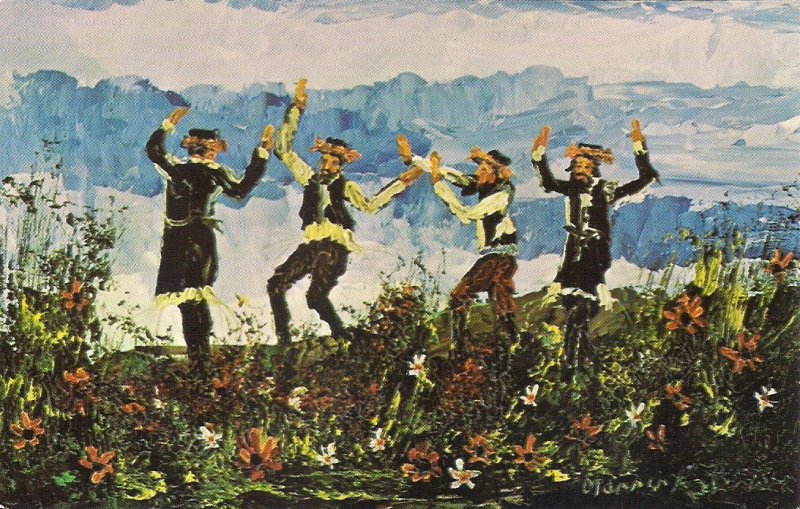 JUDAICA, Jewish Art Katz Artist, Chasidic Men Dancing in Field of Flowers #78