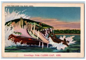 c1940's Giant Fish Eating Man Greetings from Caddo Gap Arkansas AR Postcard 