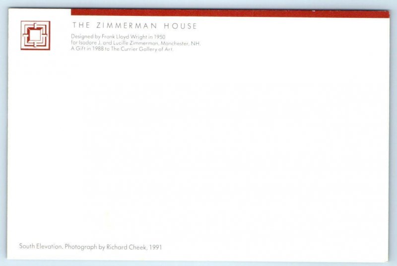 MANCHESTER, NH ~ Frank Lloyd Wright ZIMMERMAN HOUSE 1991 ~ 4x6 Postcard