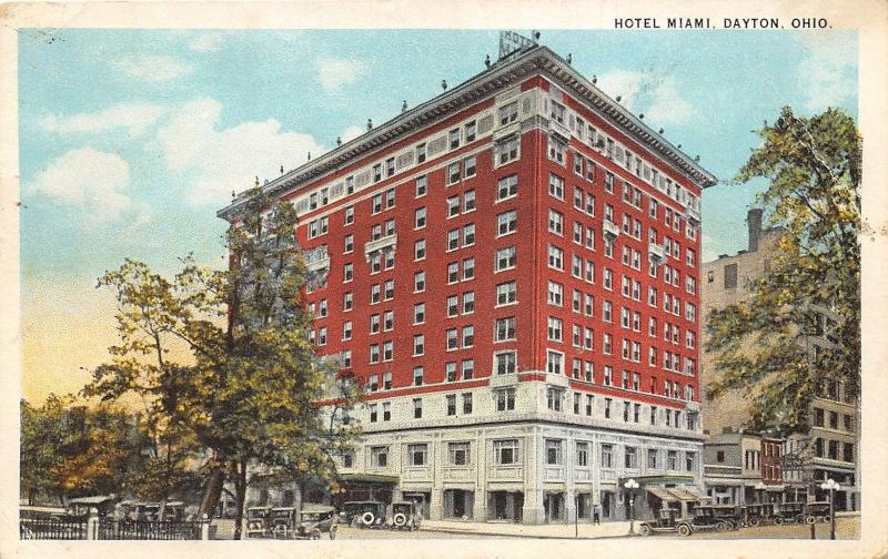 Dayton Ohio~Hotel Miami~Vintage Cars Parked by Hotel & Shops~Man @ Window~1924