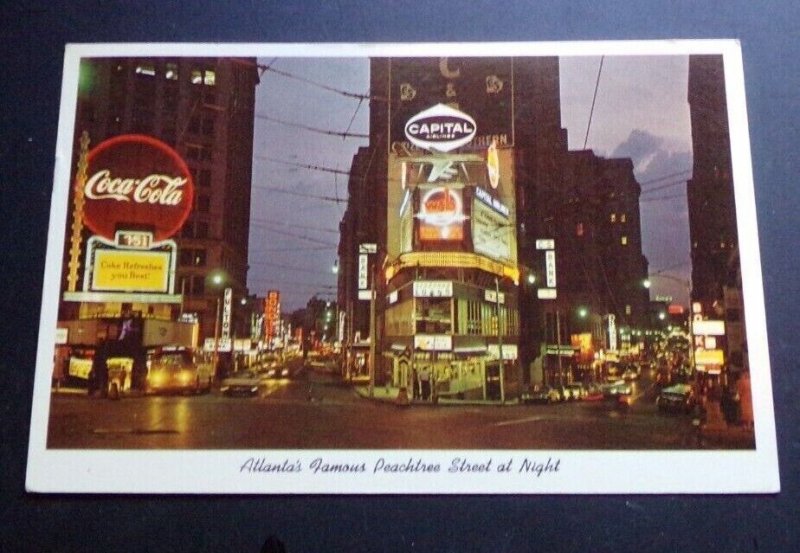 1962 USED POSTCARD -  PEACHTREE STREET AT NIGHT, ATLANTA, GEORGIA