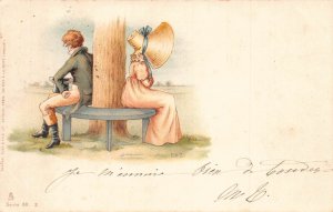 L396 Lady giant hat couple 1903 litho vintage postcard