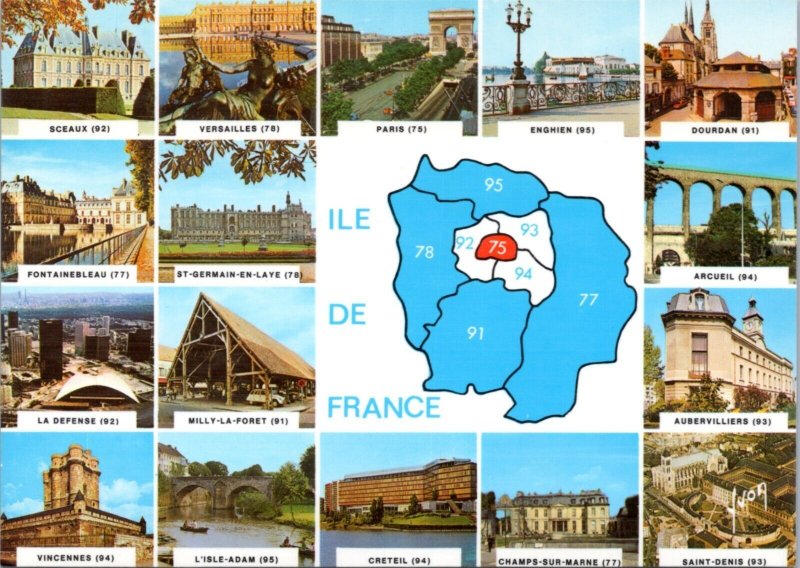 Postcard France Ile de France Map -  map with city landmarks