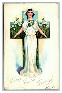 Vintage 1907 Tuck's Easter Postcard Woman White Robes Large Cross White Flowers